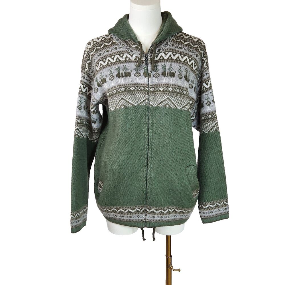 Andes Artesania Ecuador Llama Wool Blend Zip Up Hoodie Sweater Jacket Green M